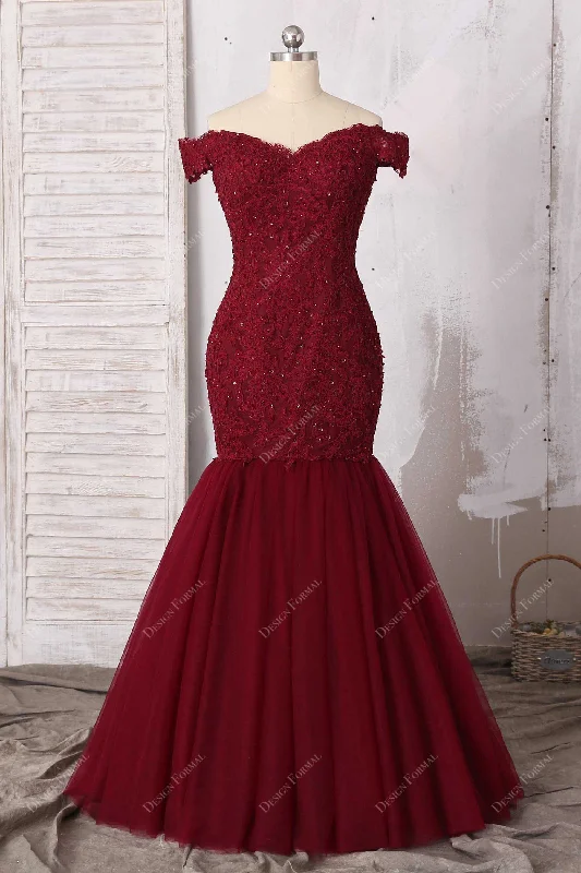 Burgundy Beaded Lace Tulle Trumpet Prom Dress Tunics Print Colorful