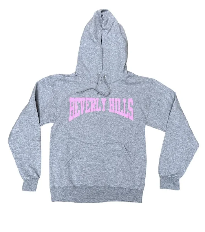WOMENS BEVERLY HILLS COLLEGE LOGO HOODIE - GREY Hoodie with Hem Raw Edge Edgy Unfinished WOMENS BEVERLY HILLS COLLEGE LOGO HOODIE - GREY Hoodie with Hem Raw Edge Edgy Unfinished