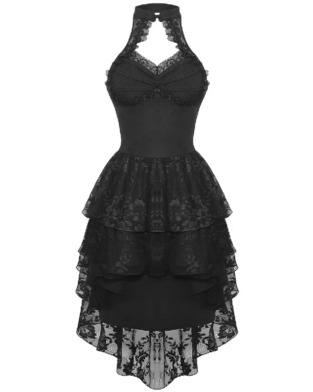 Dark In Love Womens Regency Gothic Lolita Rose Jacquard High Low Halter Dress Tunics Recommended stylist