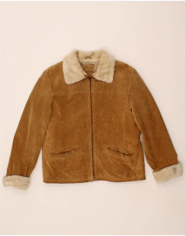 VINTAGE Womens Sherpa Suede Jacket UK 14 Medium Brown Leather Zippered Jacket Buttoned Jacket Snapped Jacket VINTAGE Womens Sherpa Suede Jacket UK 14 Medium Brown Leather Zippered Jacket Buttoned Jacket Snapped Jacket