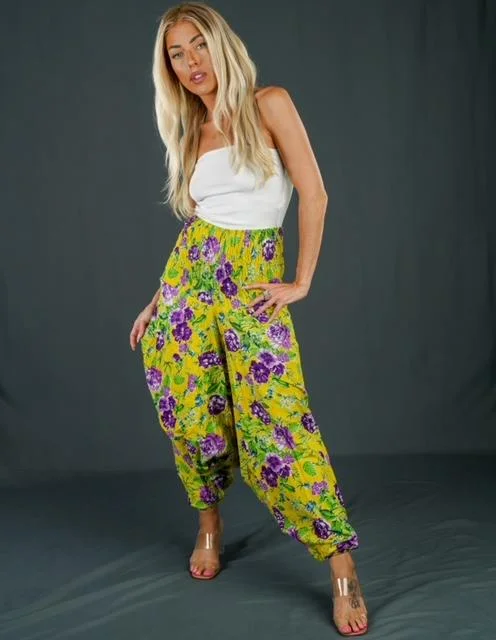 Boho Festival Yellow & Purple Floral Harem Pants Comfy High-Waist Jeans