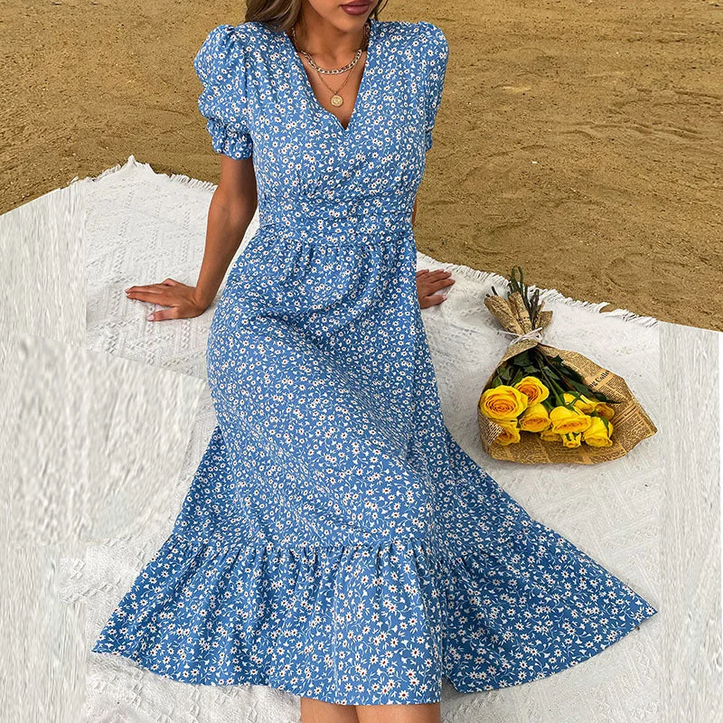 IKEARLAX cross-border  trade  product  summer  medium and long waist skirt bubble sleeve V-neck floral dress Tunics Timeless classic