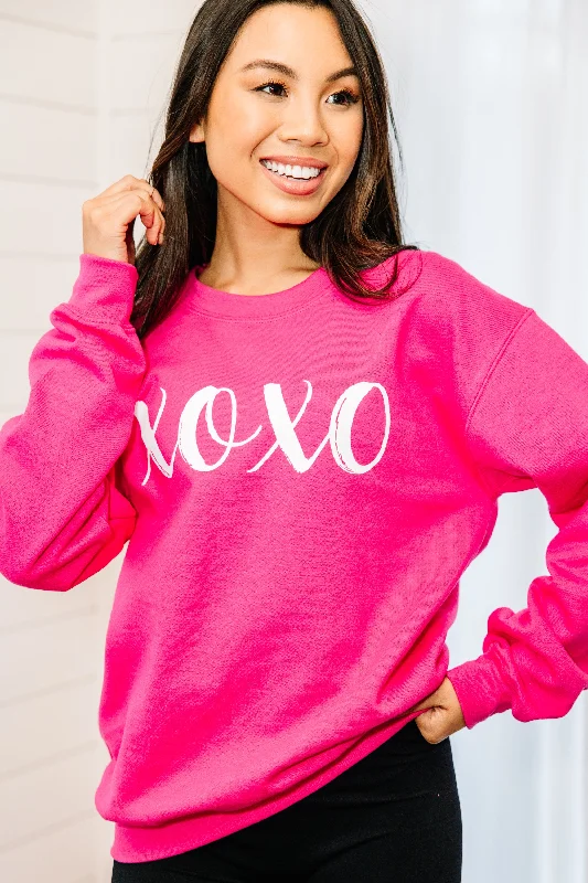 Hugs And Kisses Heliconia Pink Graphic Sweatshirt Hoodie with Stripes Bold Sporty