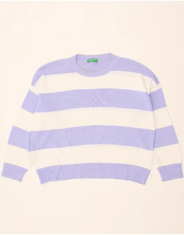 BENETTON Womens Crew Neck Jumper Sweater UK 16 Large Purple Striped Cotton Wool Fabric Cashmere Fabric Tweed Fabric