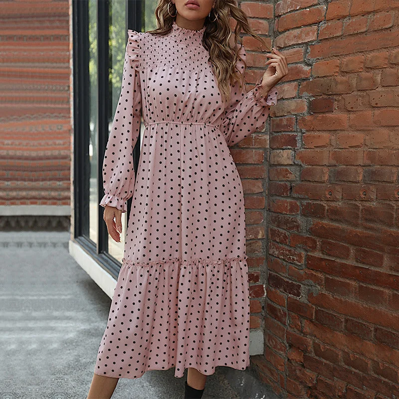 IKEARLAX Cross-border  New autumn new 2025 women's clothing lotus leaf flying sleeves polka dot splicing cake dress Tunics Hiking breathable