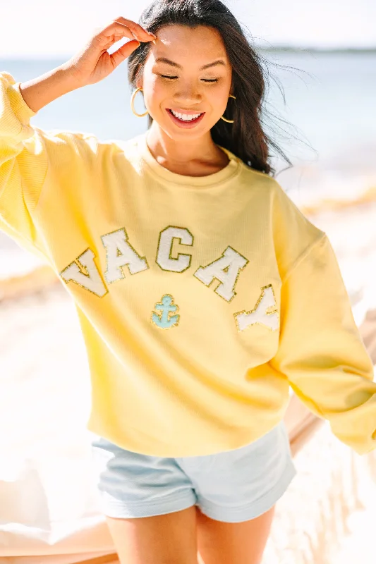 Vacay Yellow Varsity Corded Sweatshirt Hoodie with Hem Raw Edge Edgy Unfinished