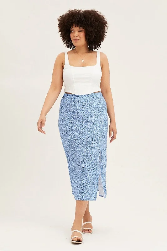 Ditsy Print Midi Skirt Split cashmere skirt soft