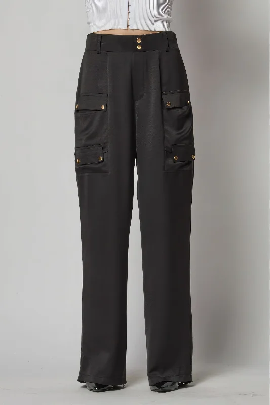 Satin Cargo Pocket Wide Leg Pants Trendy Work Pants