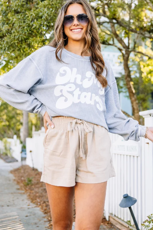 Oh My Stars Faded Denim Corded Graphic Sweatshirt Hoodie with Sequins Glamorous Eye-catching Oh My Stars Faded Denim Corded Graphic Sweatshirt Hoodie with Sequins Glamorous Eye-catching