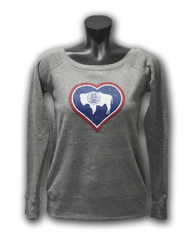 WYOMING FLAG HEART WIDE NECK SWEATSHIRT Hoodie with Rhinestones Sparkly Elegant