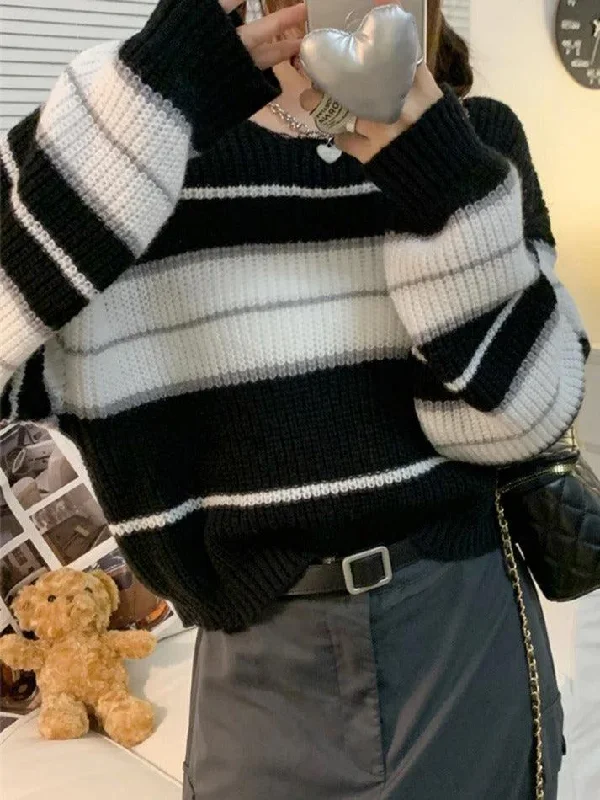 Stripe Splice Short Sweater High Neck Crew Neck V-Neck