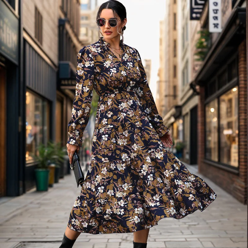 IKEARLAX 2025  New autumn floral temperament commuter dress retro printed women's dress V-neck fashion dress Tunics Essential wardrobe