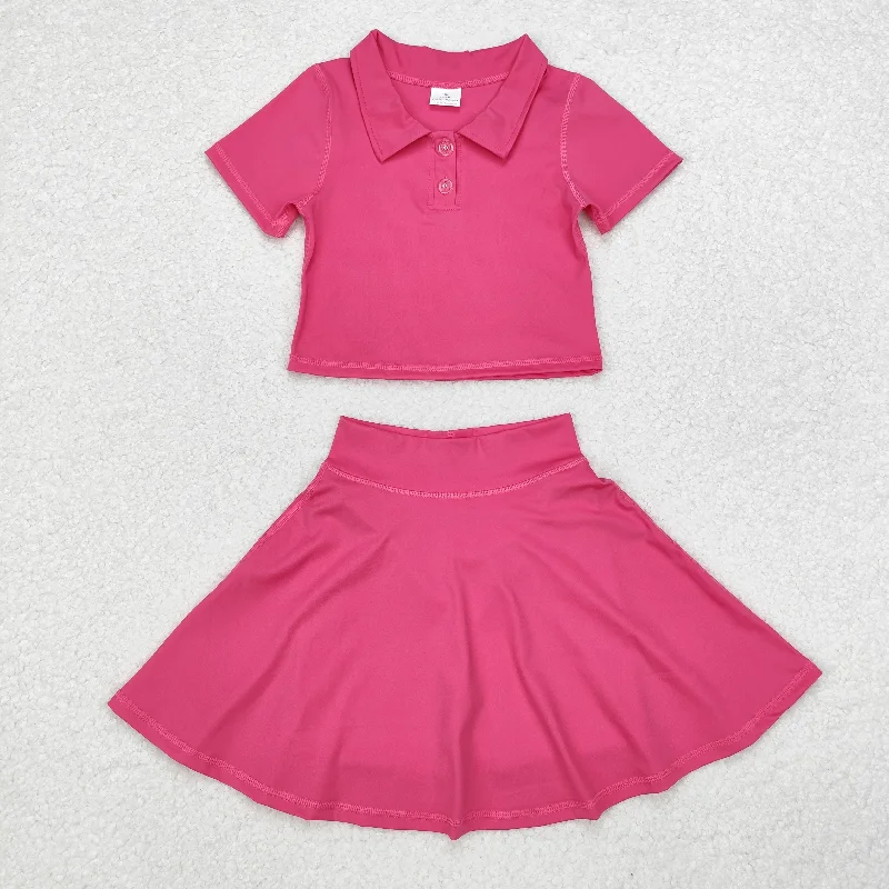 GSD1391 Solid rose red short sleeve skirt yoga suit corduroy skirt durable