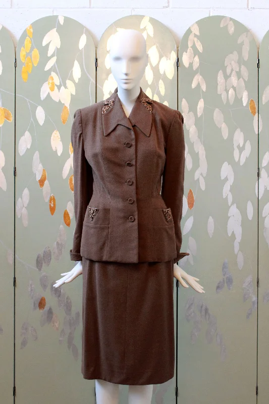 Vintage 1950s Brown Fitted Skirt Suit Set With Beaded Detail, XS patchwork skirt art