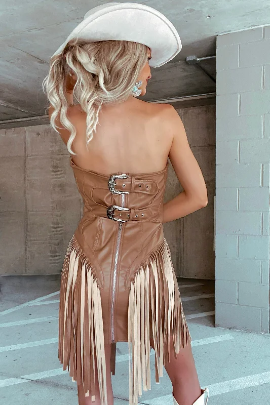 Beau Buckle Leather Dress -Tan Tunics Satin smooth