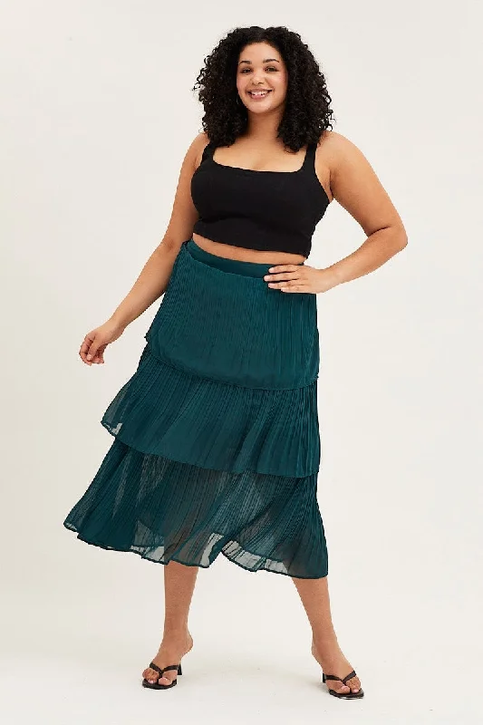 Green Midi Skirt Pleated summer skirt style