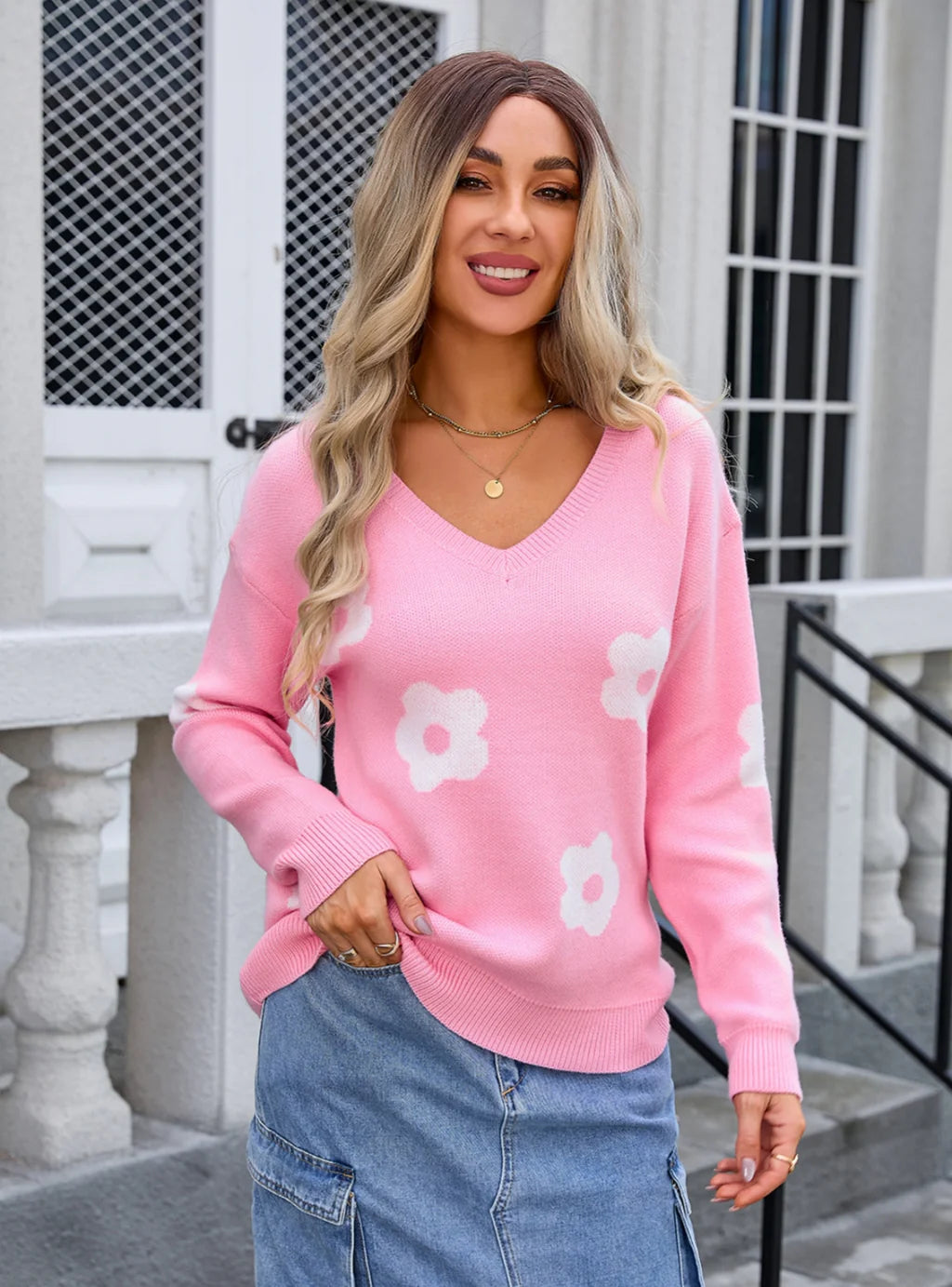V-neck Long Sleeve Flower Sweater Zippered Front Buttoned Front Snap Front