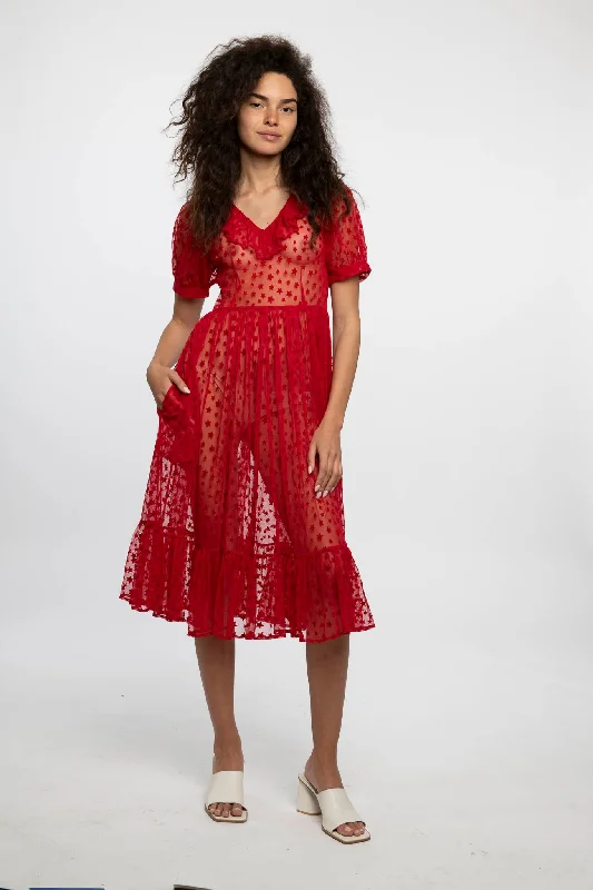 Ruffle May Dress in Red Flocked Star Tunics Sophisticated sleek