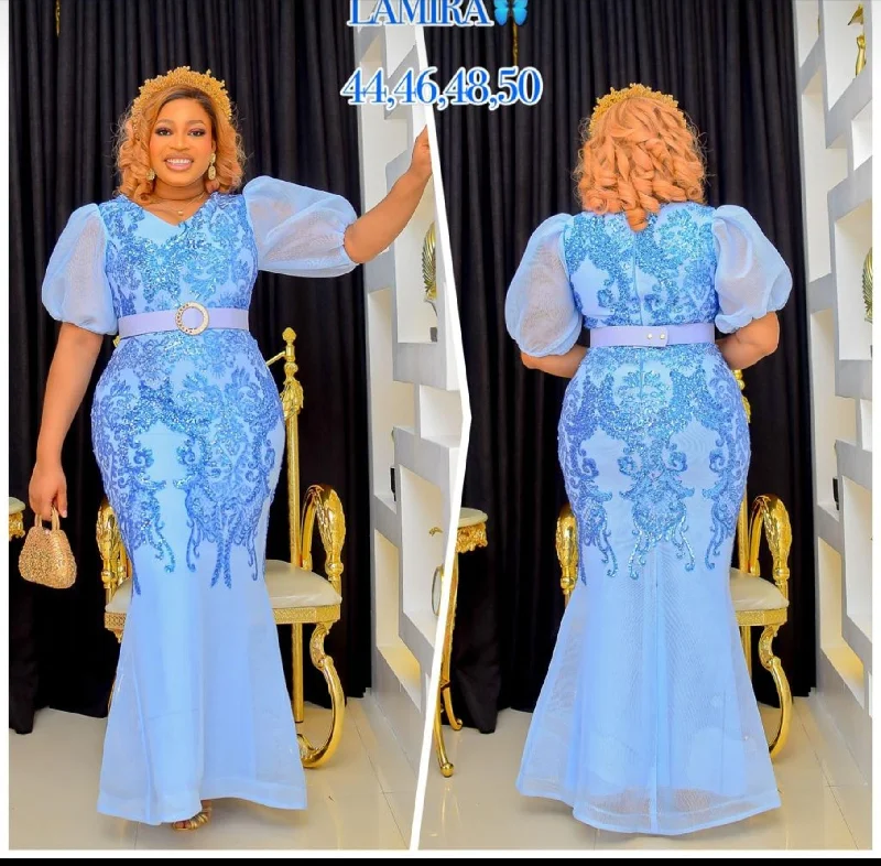 Belted powered blue dress Tunics Luxurious premium