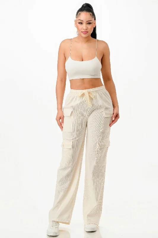 Solid Corduroy Cargo Pants Comfy Zip-Up Pants