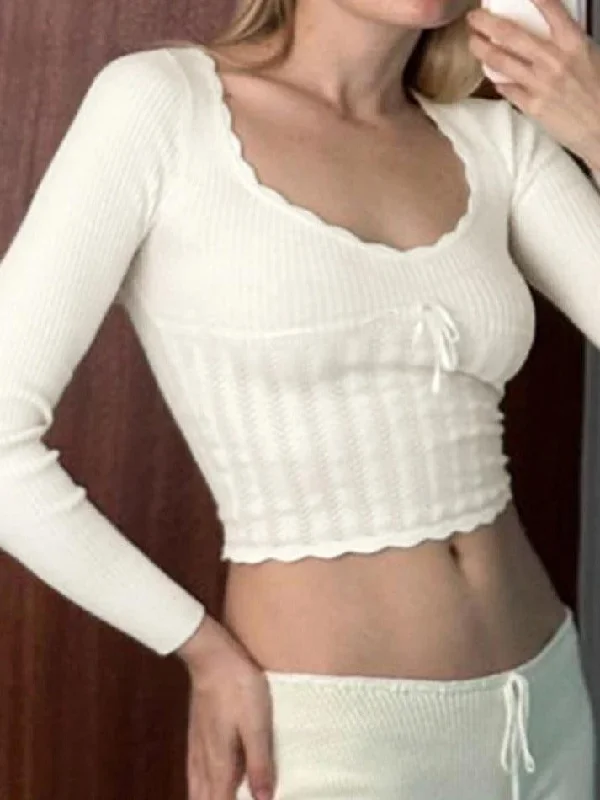 French Solid Pointelle Wavy Trim Lacing Sweater Elegant Classic Vintage