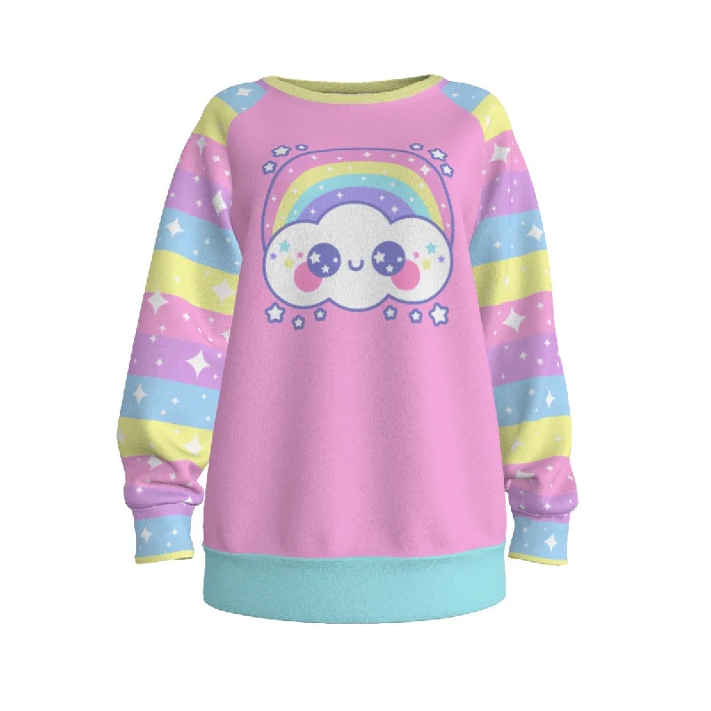 Happy Rainbow Cloud Pink Women's Raglan Sleeve Sweatshirt Zip Hoodie Drawstring Kangaroo Pocket