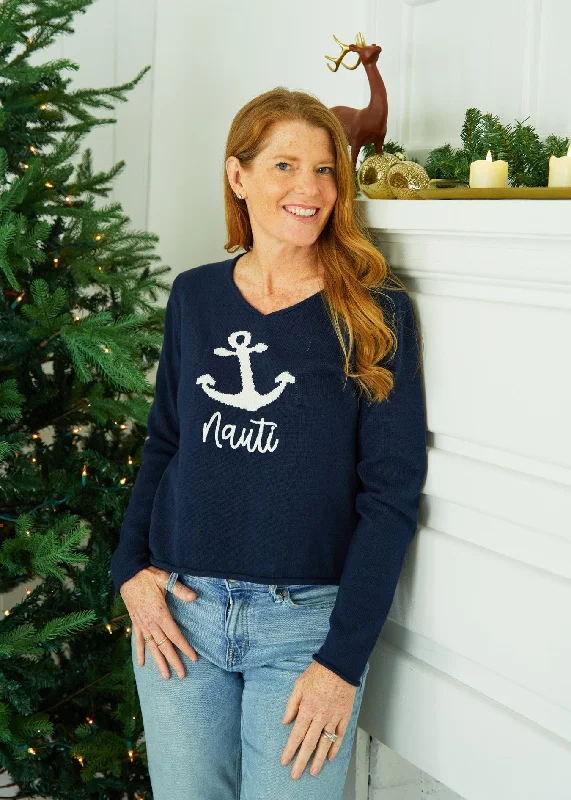 Navy Nauti V-Neck Sweater Herringbone Houndstooth Plaid