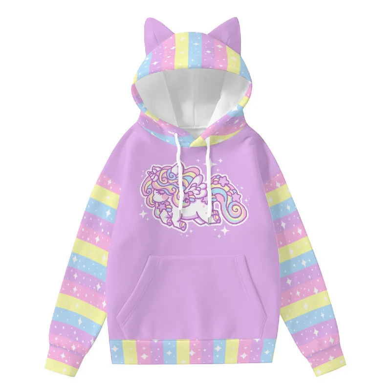 Rainbow Stardust Unicorn Unisex Hoodie With Cat Ears Hoodie with Cropped Fit Short Trendy