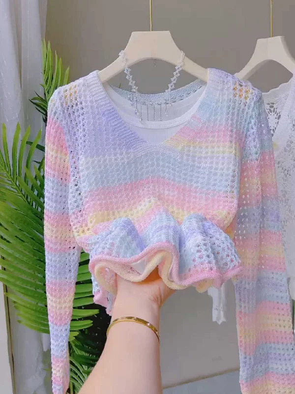 Crochet V-Neck Airy Pastel Rainbow Sweater Slim Fit Regular Fit Oversized