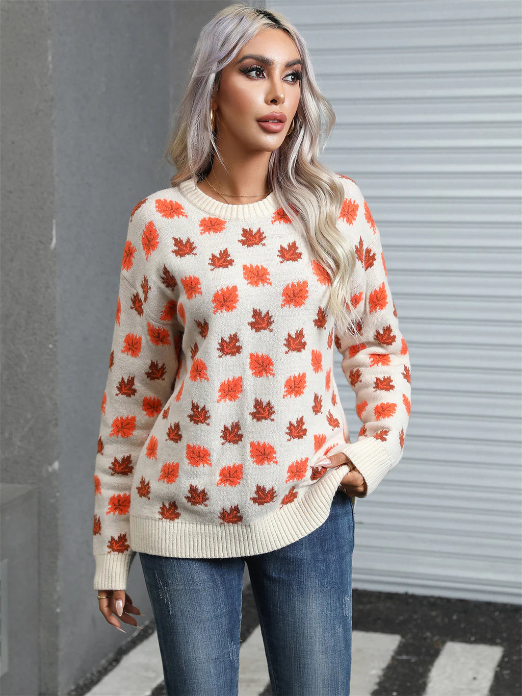 Leaves Print Christmas Crewneck Sweater Ribbed Striped Patterned