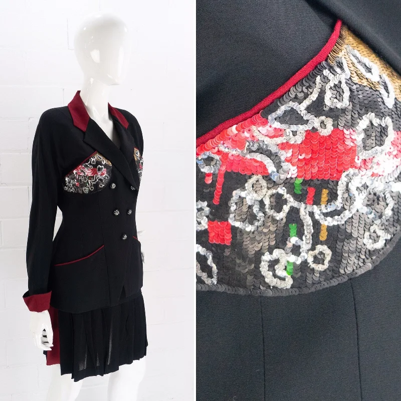 Vintage 1990s Karl Lagerfeld Black & Red Sequin Skirt Suit, Small denim skirt classic