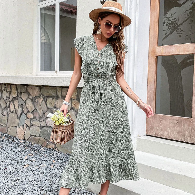 IKEARLAX Cross-border  trade   long summer printing slim dress high waist green  retro dress Tunics Brand named