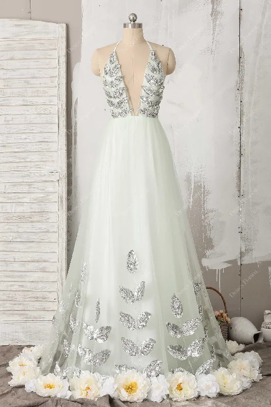 Light Green Tulle Halter plunging Fairy Flower sequin Leaf Prom Dress Tunics Modern contemporary