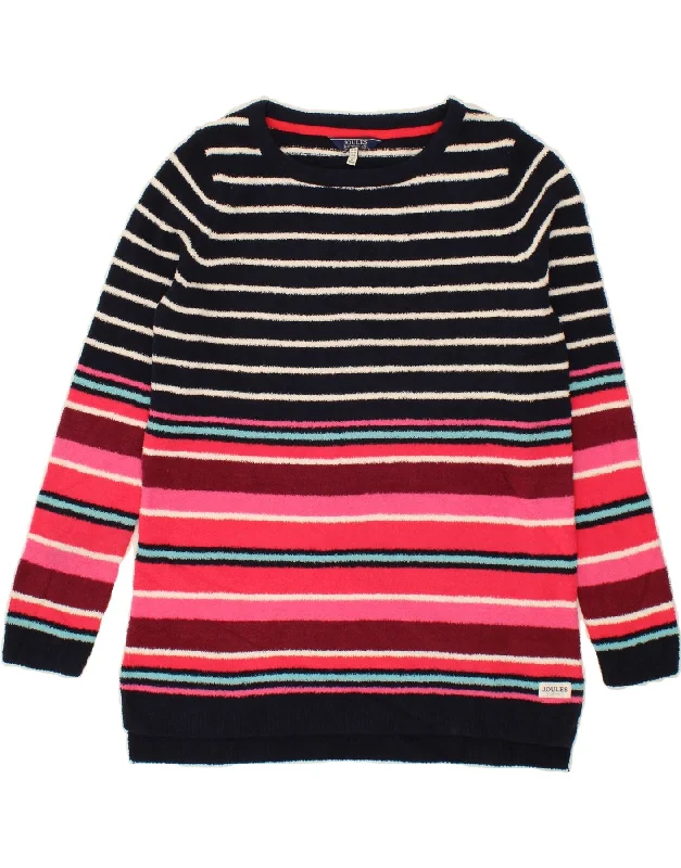 JOULES Womens Boat Neck Jumper Sweater UK 10 Small Navy Blue Striped Glossy Satin Silk