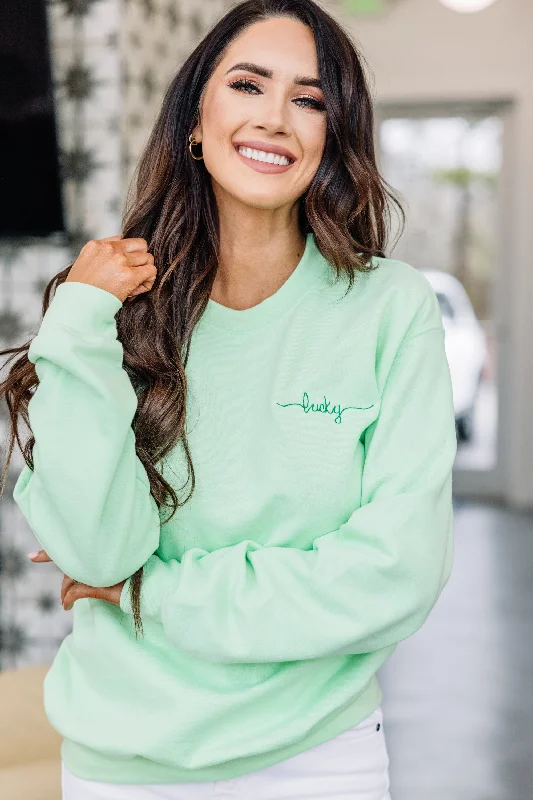 Lucky & Cute Mint Green Embroidered Sweatshirt Hoodie with Relaxed Fit Easy Casual