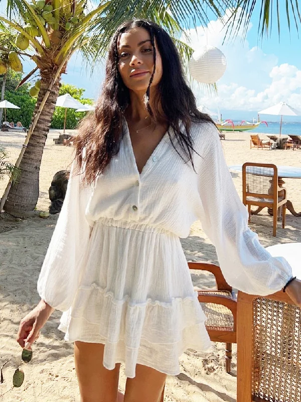 Wjczt Lantern Sleeve Women Fall Outfit White Dress Women Summer Ruffles Spring Short Elegant Casual Beach Vestidos Tunics Sophisticated sleek
