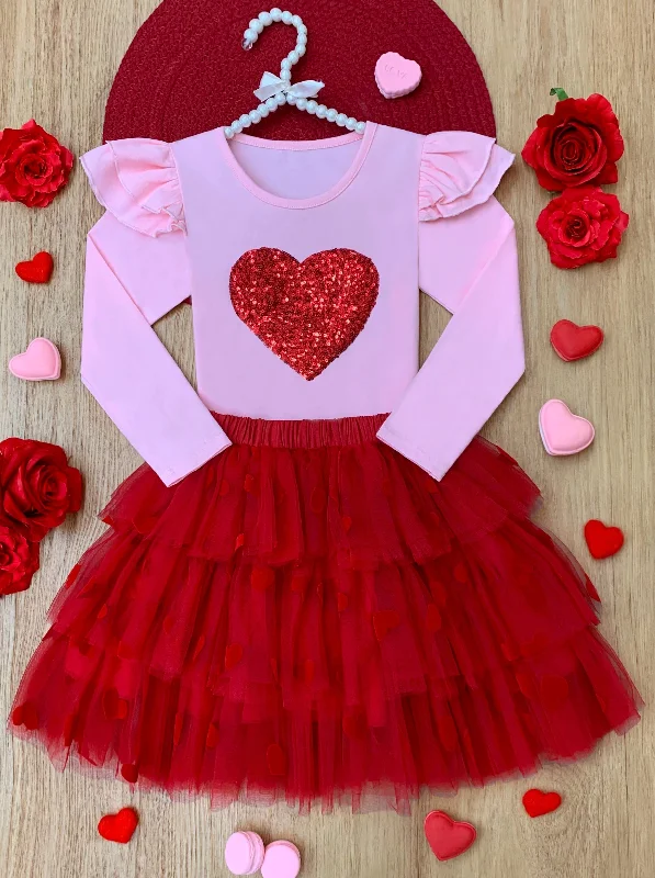 Sparkling Heart Ruffle Shoulder Top and Tiered Skirt Set denim skirt classic