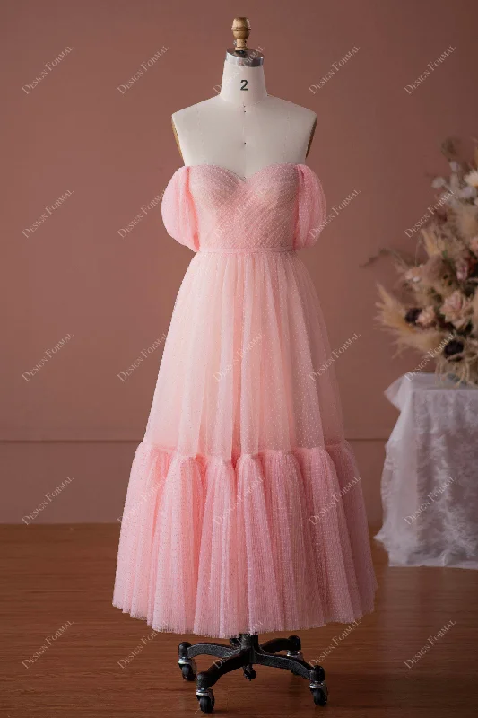 Pink Dot Tulle Off-the-Shoulder Fairy Tea Length Designer Dress Tunics stripes playful