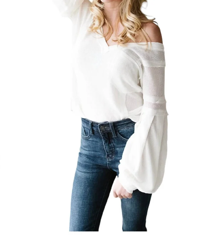 Bellissimo Draped V-Neck Sweater In White Zippered Buttoned Snapped
