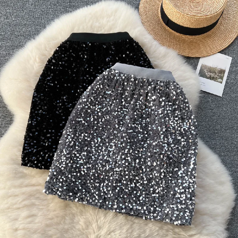 High-waist sequin skirt for women's spring and autumn new style wrap hip skirt umbrella skirt corduroy skirt durable