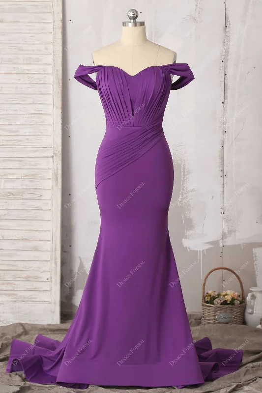 Pleated Purple Spandex Elegant Off-shoulder Prom Dress Tunics Solid Classic