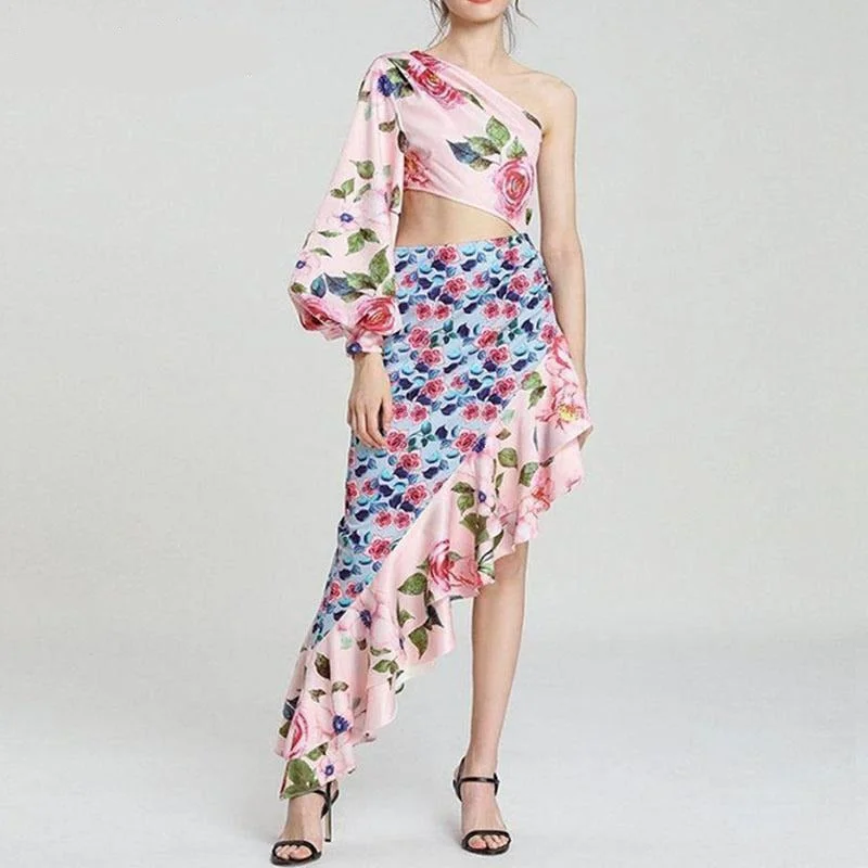 Wjczt Free Shipping Elegant Dress Asymmetric Waist Streetwear Fashion Secy Lantern Sleeve Dress Women Hit Color High Waist Vestidos Tunics Running lightweight