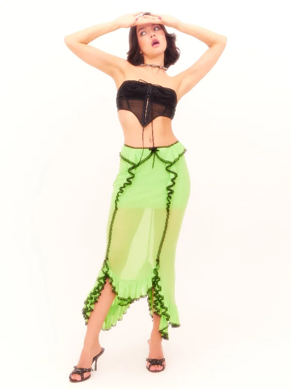 Nodress Lace Trim  Fluorescent Green Netting  Ruffled Fishtail Skirt wrap skirt elegant
