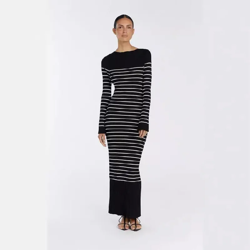 IKEARLAX European, American autumn and winter new cross-border women's clothing fashionable and elegant crew neck dress striped dress long dress Tunics Trendy modern