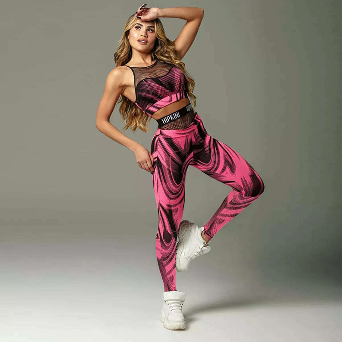 Oshoplive Female Sportswear Two Pieces Set Sports Red Printed Patchwork Mesh Tanks&Leggings Gym Yoga Suits for Women 2022 New spandex blend tank