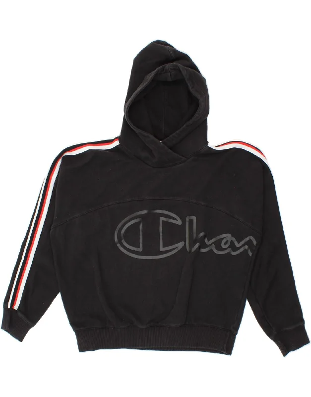 CHAMPION Womens Graphic Hoodie Jumper UK 16 Large Black Cotton Hoodie with Hood Adjustable Protection