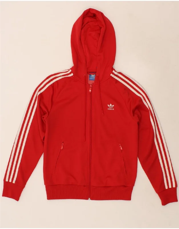 ADIDAS Womens Zip Hoodie Sweater UK 12 Medium Red Cotton Hoodie with Slim Fit Tailored Modern