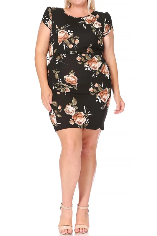 Women's Elegant Plus Size Floral Pencil Work Dresses Short Sleeve Round Neck with Belt Tunics Trendy modern