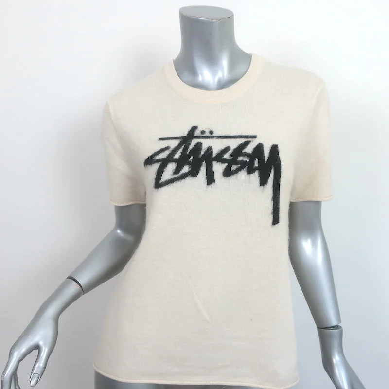 Stussy Sidney Logo Tee Ivory Brushed Knit Size Small Short Sleeve Sweater Fitted Slim Tailored Stussy Sidney Logo Tee Ivory Brushed Knit Size Small Short Sleeve Sweater Fitted Slim Tailored