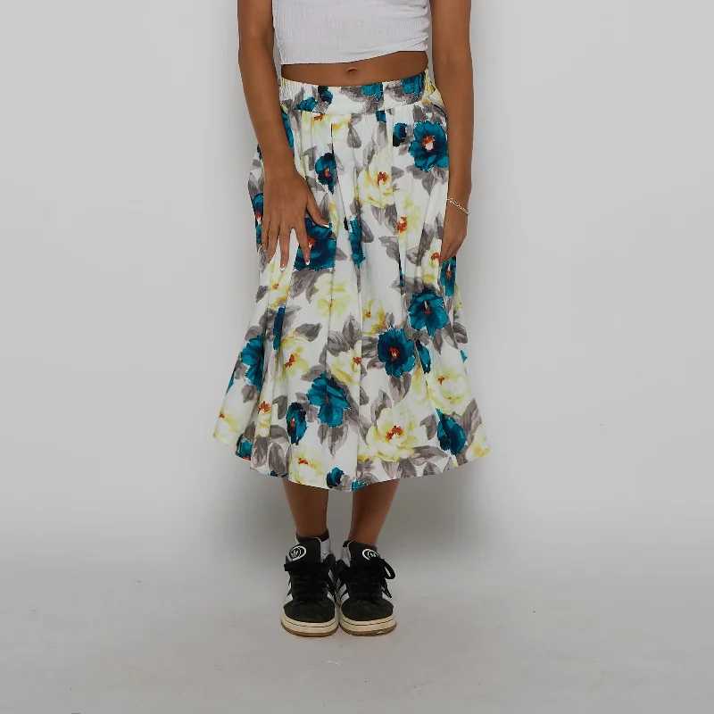 Watercolour Look Large  Flower Midi Skirt - UK 8 linen skirt natural